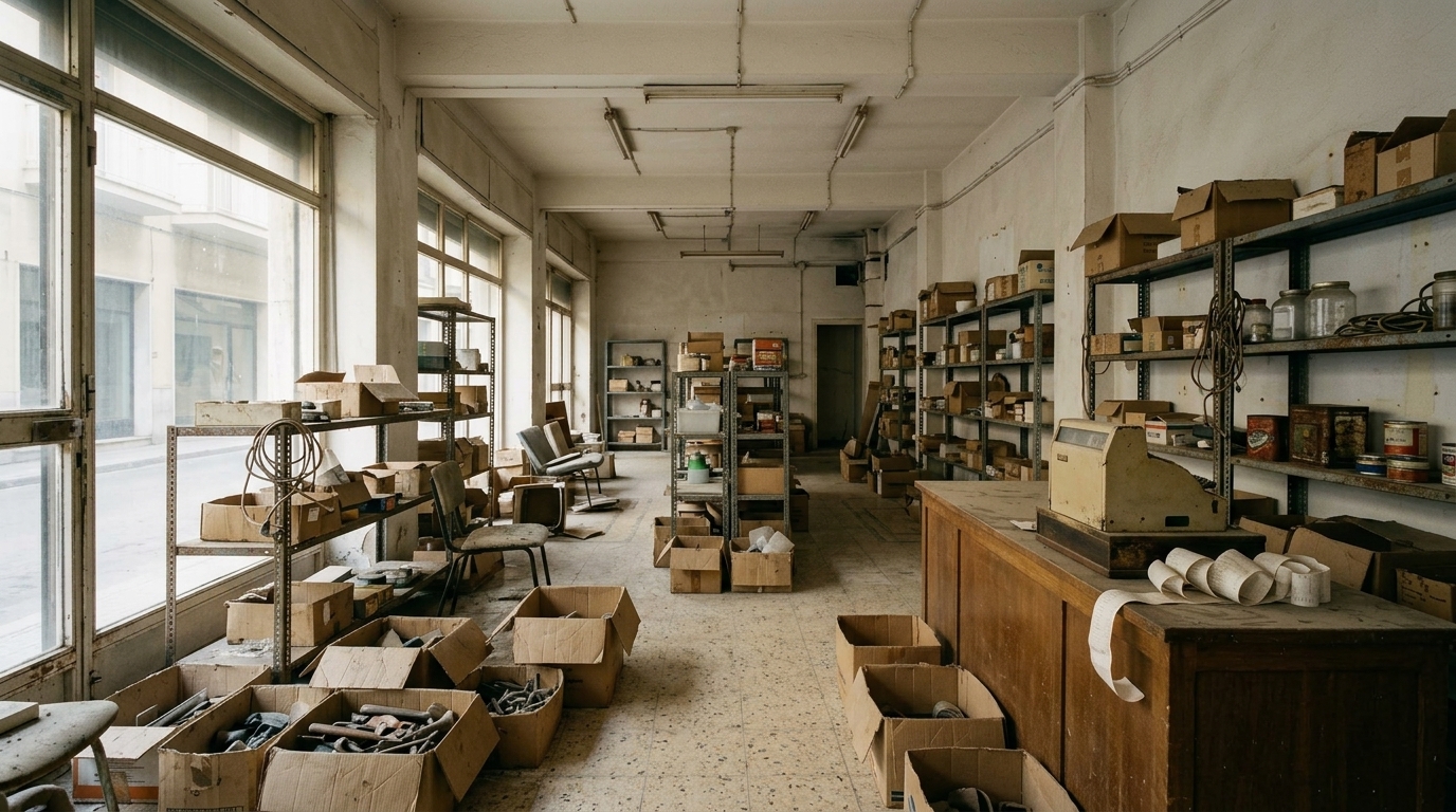 Interno di un vecchio negozio dismesso, con scaffali metallici, scatole e un vecchio bancone cassa