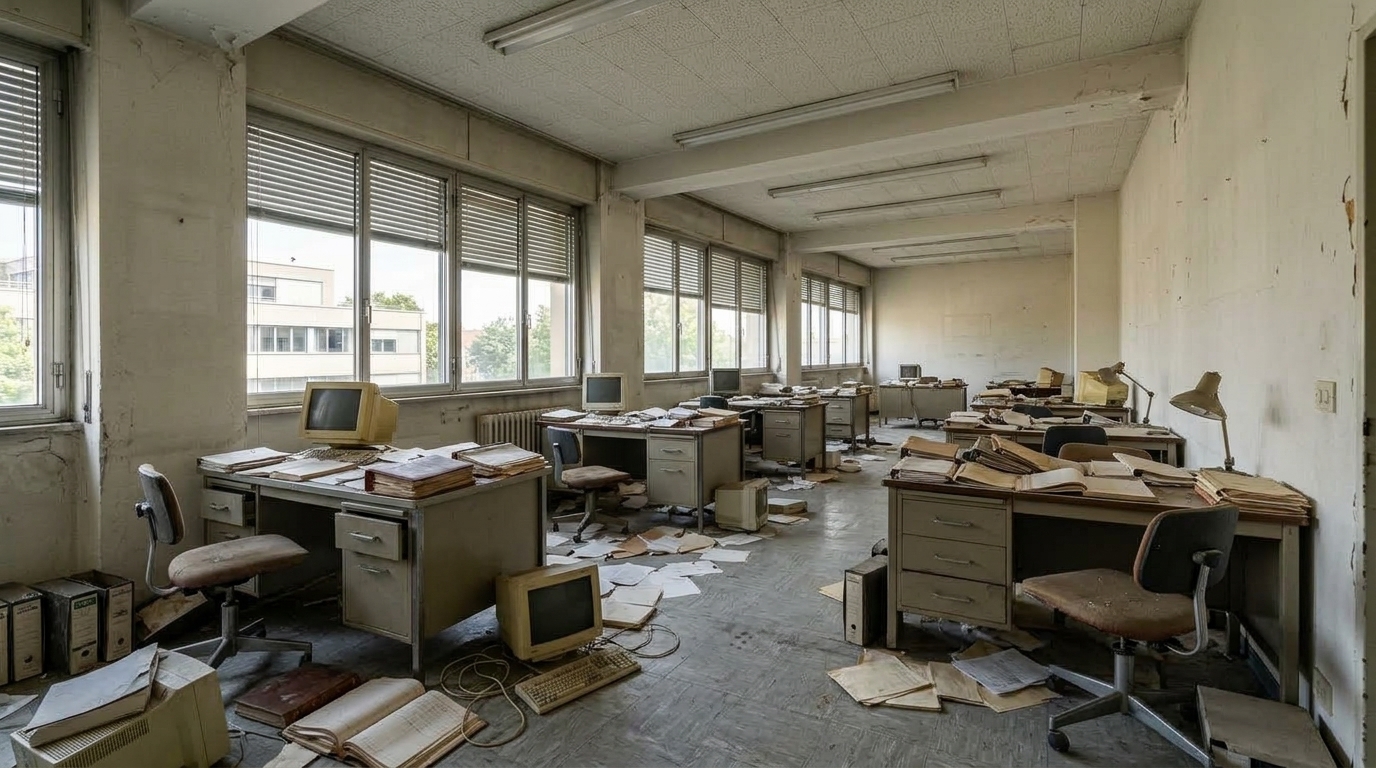Open space di un vecchio ufficio dismesso, con scrivanie, sedie, faldoni e vecchi computer prima dello sgombero