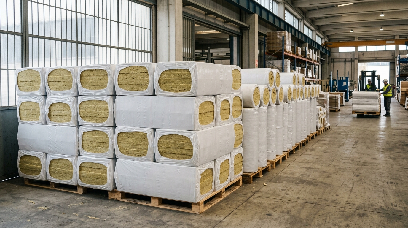 Pannelli e rotoli di lana di roccia isolante impilati su pallet in un capannone industriale